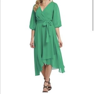 Dkny midi chiffon Kelly green dress 4P bow sash tie waist v neck NWT